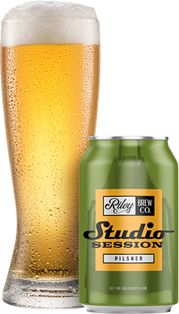 Studio Session can and glass filled with beer